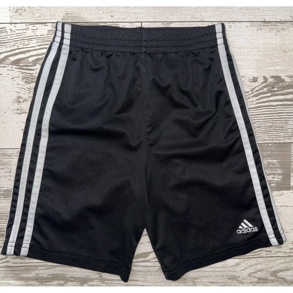 Adidas Shorts Boys 7 Black 3 Stripe Athletic Elastic Waist Soccer Gym Training